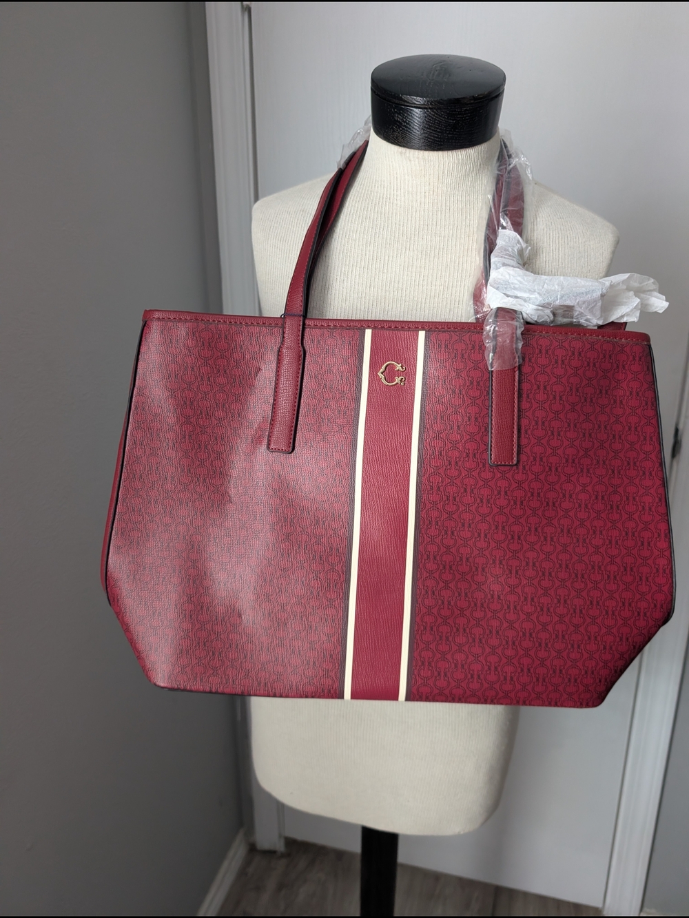 Monogram Stripe Tote in Burgundy Red